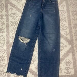 Express Stylish Blue Distressed Women's Wide Leg Jeans Scalloped edge